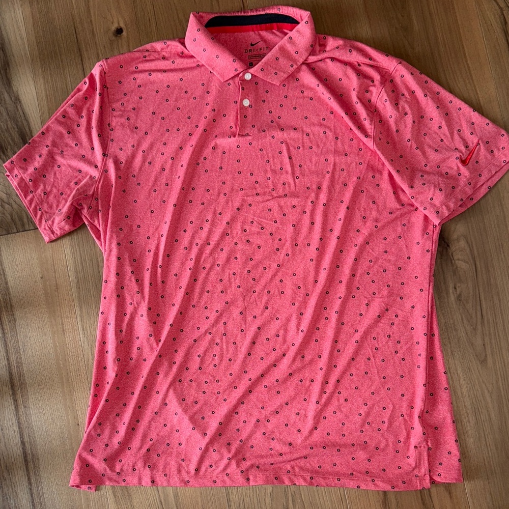 Nike Men's dri-fit light red Polo Shirt with black flower design
